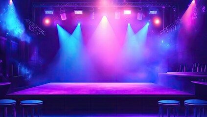 A vibrant purple and blue stage with spotlights shining down, creating an atmosphere of excitement for a live performance or concert event background