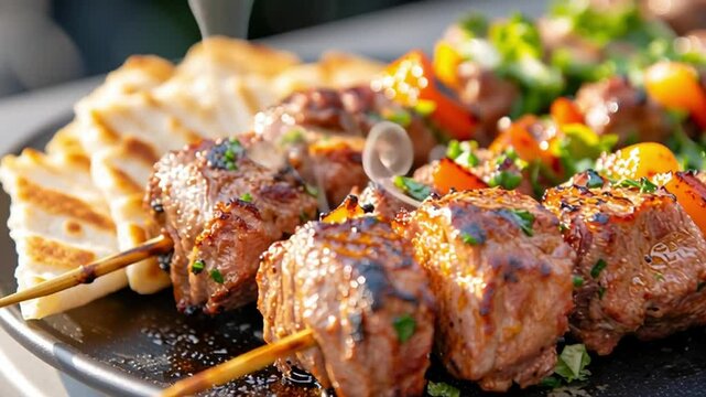Skewer Culinary Delight: A close-up shot presents a mouthwatering skewer dish, artfully arranged and ready to be savored. This culinary creation features tender pieces of grilled meat.