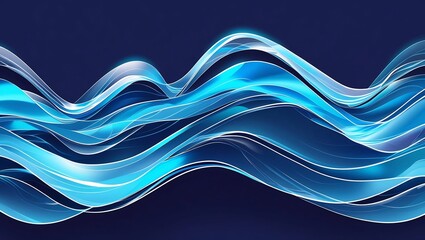 Transparent glass-like digital waves in cyan and electric blue tones, layered and flowing on a dark blue background, glowing edge highlights, soft focus, futuristic feel.