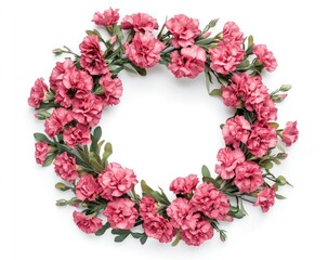 Carnation flower frame on a white background, top view. A wreath of pink carnations in a flat lay composition with copy space for design