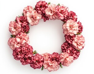 Carnation flower frame on a white background, top view. A wreath of pink carnations in a flat lay composition with copy space for design
