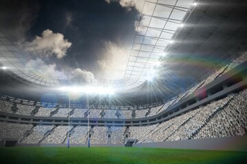 Flat design stadium crowd scene is showing rugby posts, green field and steel roof with floodlights
