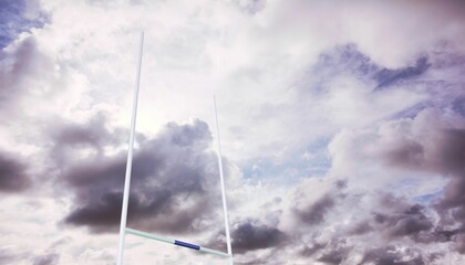 White goalpost is standing against dramatic clouded sky in flat design with green and blue stripes