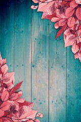 Decorative flat-lay featuring teal-painted wooden planks with pink-tinted leaves framing corners