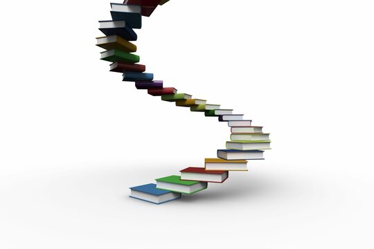 Floating book staircase twisting upward in flat design on white backdrop, with multicolored books - Powered by Adobe