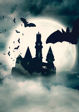 Digital composite image of bats and castle against moon