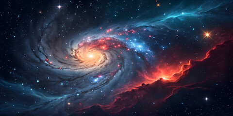 Spectacular galactic spiral structure with glowing center and sweeping arms of blue and red stellar material extending through surrounding nebular clouds.