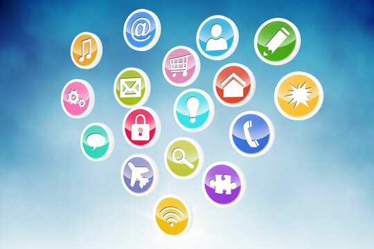 Flat design service icons are floating in heart-shaped cluster on blue-to-white gradient backdrop