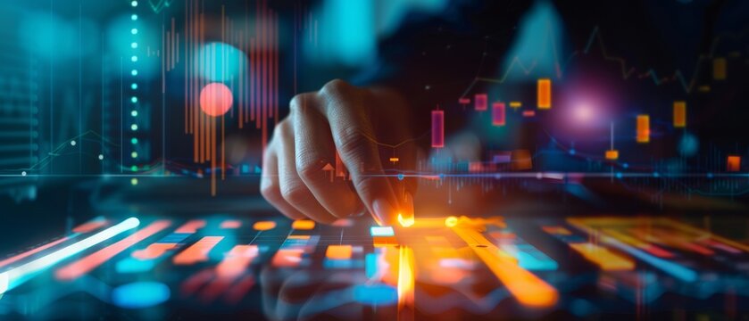 A close-up of a hand manipulating a digital interface with vibrant graphs and data visualizations, showcasing technology and analytics in action. - Powered by Adobe