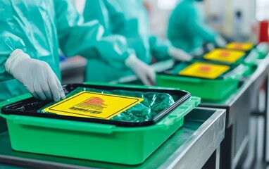 A person in gloves organizes medical waste in labeled containers, emphasizing safety and hygiene in a healthcare setting.