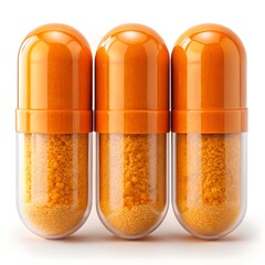 High-quality close-up image of three orange capsules filled with finely textured supplement powder, arranged on a clean white background.