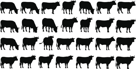 Cow silhouette collection, 25 poses, black vector icons, grazing and standing variations, farm animal design, grid layout, livestock sketch set, white background illustration