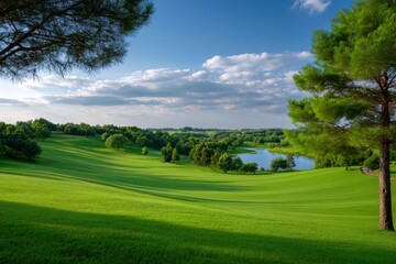 Obraz premium Rolling green golf course with a pond framed by trees under a partly cloudy sky