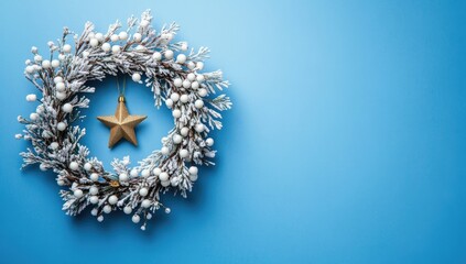 Festive Christmas wreath with white berries and a golden star on a blue background,