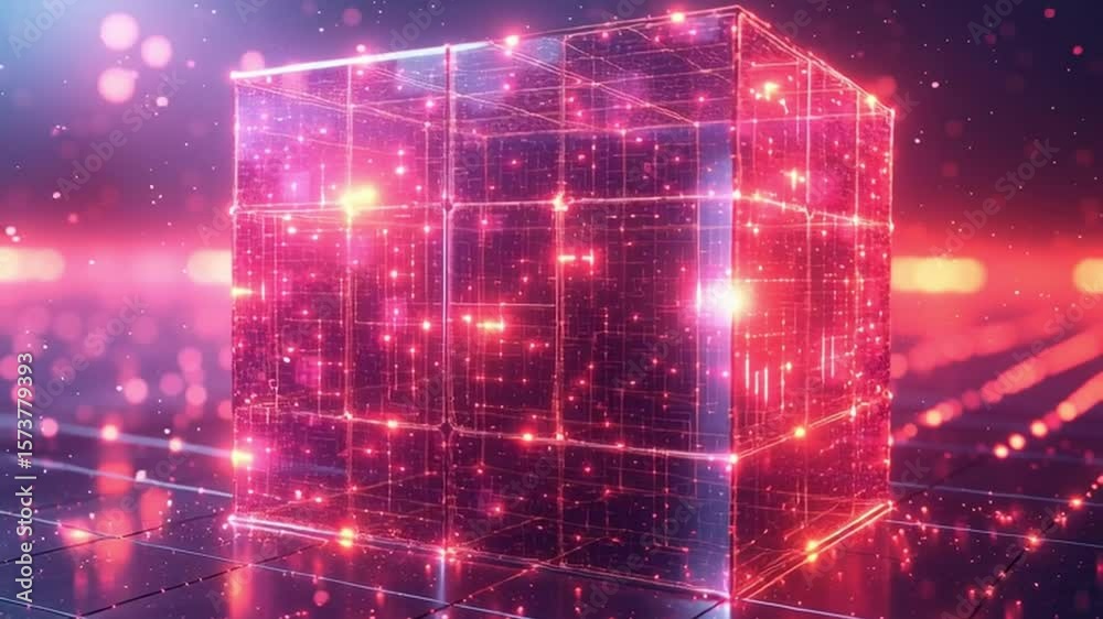 Poster digital realm: illuminated within a dynamic abstract realm, a gleaming cube pulsates with energy. ev