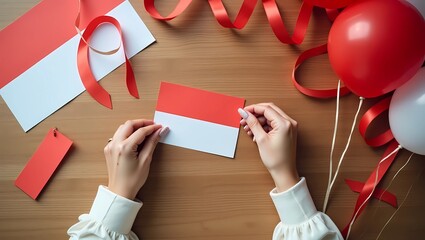 A hand arranging red and white decorations for Indonesia Independence Day on wooden surface