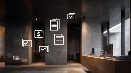 A modern office environment showcasing the theme of documentation. The scene depicts virtual documents, along with icons associated with financial transactions