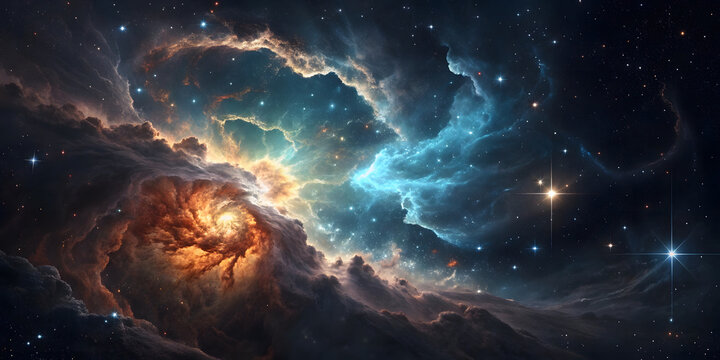 Expansive nebula featuring golden-orange central region transitioning to blue-teal outer areas, with intricate filamentary structures throughout the formation.