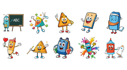 Naklejka premium Cartoon school supplies characters with happy expressions