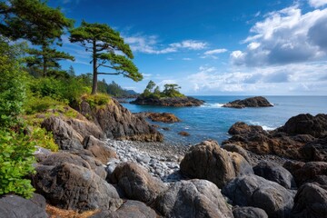 Rugged coastline Rocks trees and small island meet blue sea under a partly cloudy sky