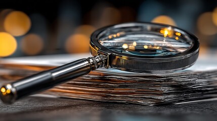 Magnifying glass on a stack of papers, with blurred lights in the background