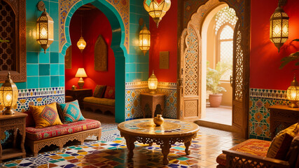 Obraz premium Exotic Moroccan Interior with Ornate Lanterns and Intricate Mosaic Tile Work Design Element