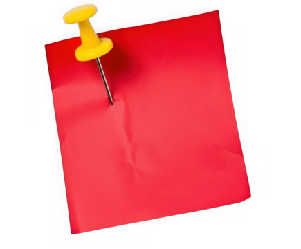 Yellow pushpin securing a red paper note isolated on transparent background