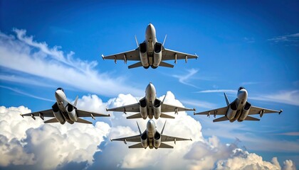 Photo footage of a fighter jet in formation, showing multiple jets flying in tight formation with their wings aligned against a blue sky