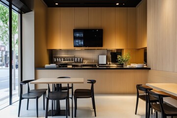 Minimalist kitchen with light wood cabinets, black dining table and chairs, flat-screen TV on the wall above the cabinets, warm lighting, neutral color palette, white walls