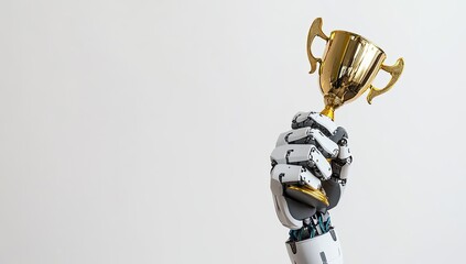 robot hand holding up an award cup, symbolizing success and achievement on a white background