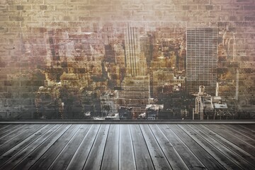 Flat design showing room with dark wooden plank flooring and brick wall with faded cityscape mural