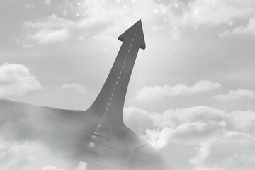 Dark asphalt road is morphing into upward arrow in flat design amid clouds, with dashed line