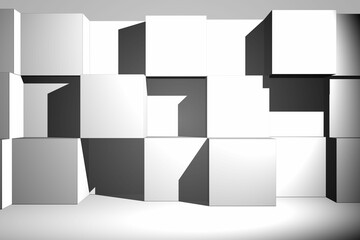 3D render is showing white cubes forming geometric grid in minimalist studio casting sharp shadows