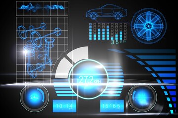 Futuristic automotive HUD is showing speedometer, tachometer, compass, pressure chart, copy space