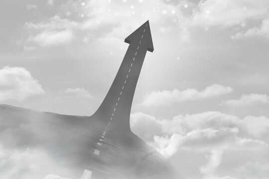 Fototapeta Dark asphalt road is morphing into upward arrow in flat design amid clouds, with dashed line