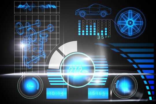Futuristic automotive HUD is showing speedometer, tachometer, compass, pressure chart, copy space