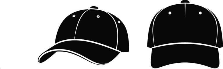 Baseball cap vector sketch, two black caps, front and angled views, fashion accessory drawing, stitched brim detail, adjustable headwear, technical illustration, casual style