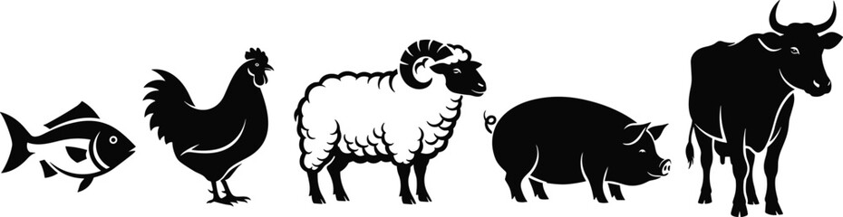 Animal silhouette collection, fish, rooster, sheep, pig, cow, black vector drawings, farm and aquatic creatures, livestock illustration set, white background, educational use