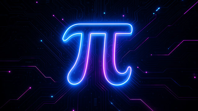 Neon styled glowing pi symbol with vibrant blue and pink hues layered on a tech circuit design celebrating pi approximation day with abstract futuristic math concept