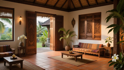 Elegant Balinese Villa Interior with Wooden Carvings Tropical Plants and Traditional Furniture
