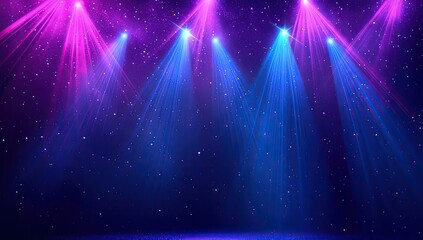 Purple and blue laser beams shine from the top right corner of an illuminated dark background