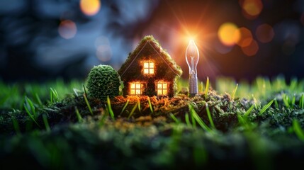 A miniature house covered in moss, illuminated by a glowing light bulb, set against a blurred background of soft lights and greenery.