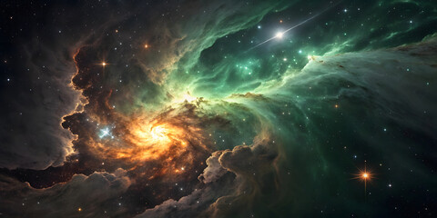 Fototapeta premium Magnificent nebula showing orange spiral formation, vibrant green gas clouds, bright central star, and intricate cosmic dust patterns.