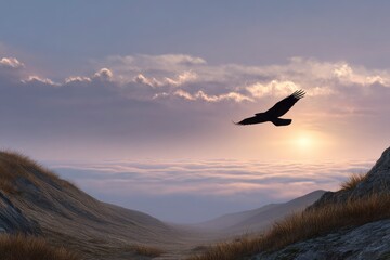 Obraz premium Silhouette of a bird flying above a mountain range towards a sunlit horizon amidst clouds