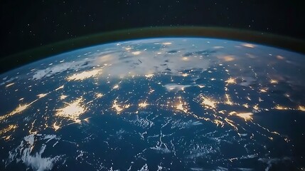 Earth from space, illuminated by city lights.