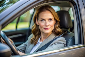 Naklejka premium A woman in a business suit is driving a car