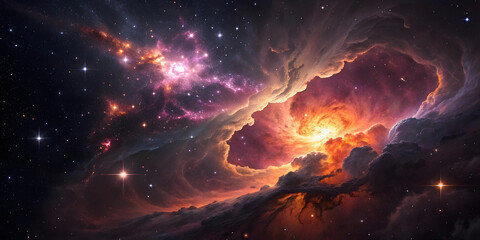 Complex nebula system with purple and orange gas clouds, bright stellar nursery, swirling cosmic formations, brilliant star field backdrop.
