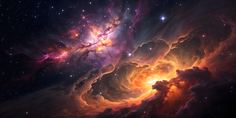 Spiral nebula with pink and orange gas formations, bright galactic center, flowing cosmic dust, dramatic stellar formations across deep space.