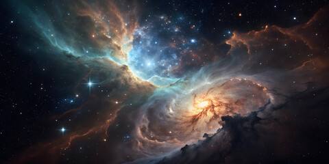 Fototapeta premium Colorful nebula featuring blue, orange, and teal gas clouds, bright stellar formations, cosmic dust streams, brilliant star clusters embedded.