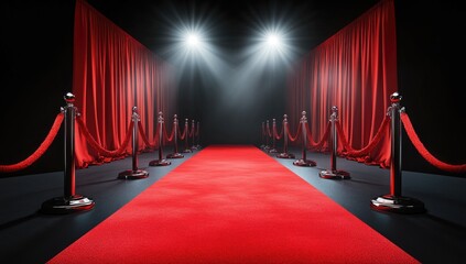 Red carpet and curtain on stage with spotlight. Red velvet curtains with light shining through, empty room for event or award ceremony background.